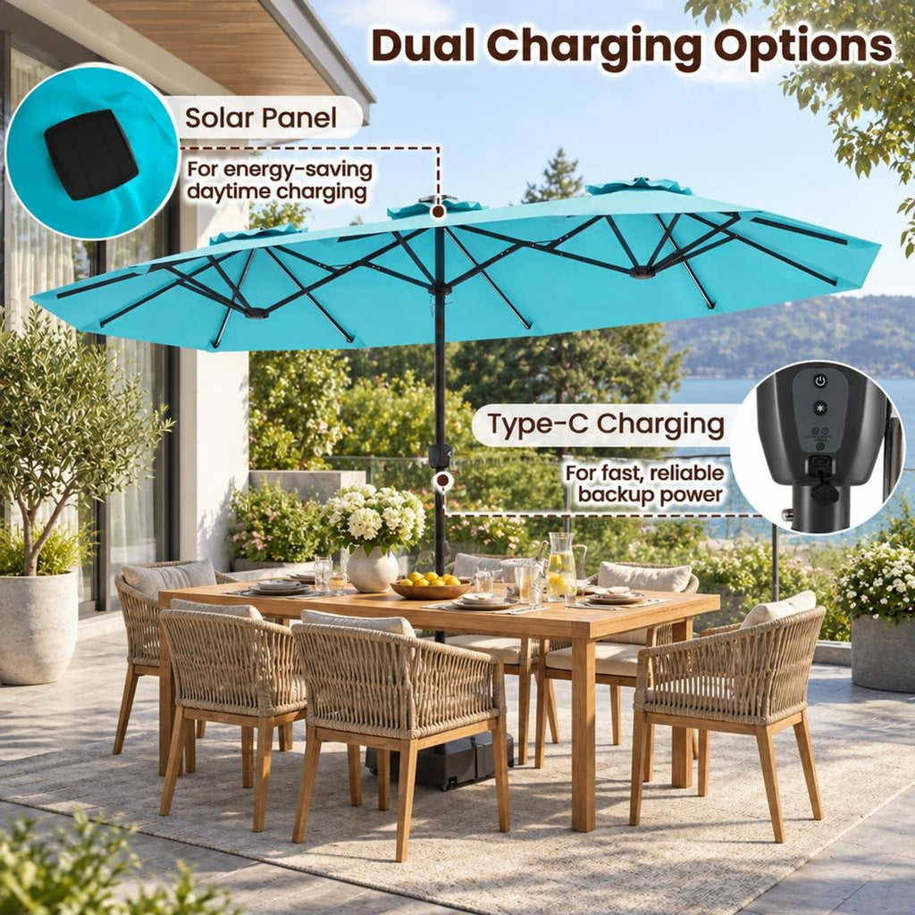 Airfind 13 FT Double-Sided Patio Umbrella with Color-Changing Flowing Solar LED Lights, Polyester Fabric Metal Frame, 13 x 7 ft Footprint, Turquoise