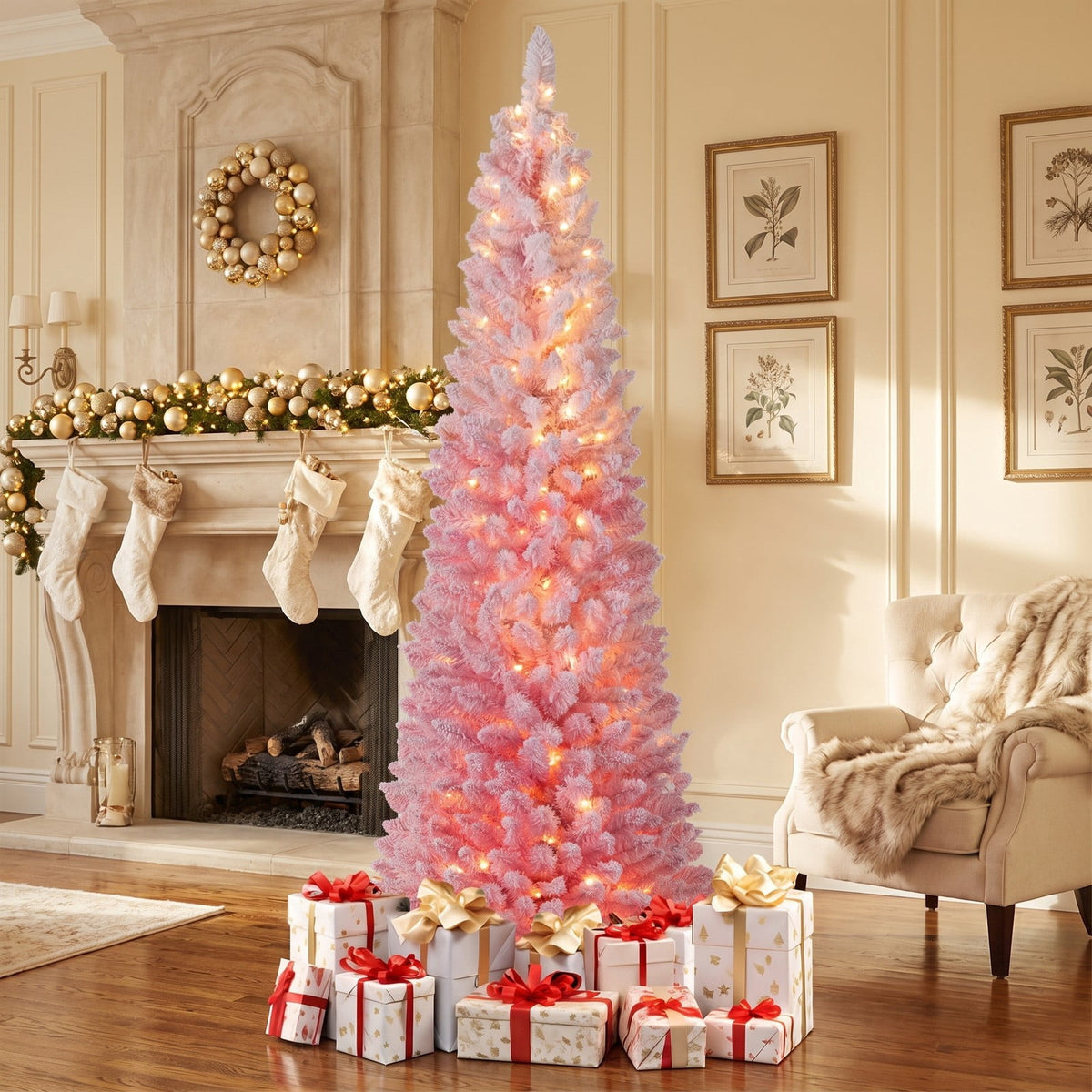 Airfind 6 FTSnow-flocked Artificial Pink Christmas Tree Pre, PVC Metal Tree Height 6 ft / 7 ft Tree Width 1.6 ft / 2 ft Frame, Pink