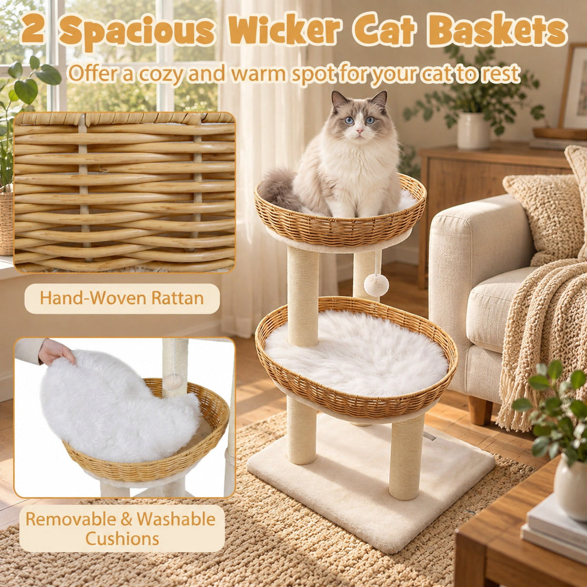 Airfind 30-Inch Cat Tower with 2 Rattan Cat Baskets for Indoor Kittens, 33 lbs Capacity, Engineered Wood Metal Sisal PE Rattan Fabric Frame, Beige