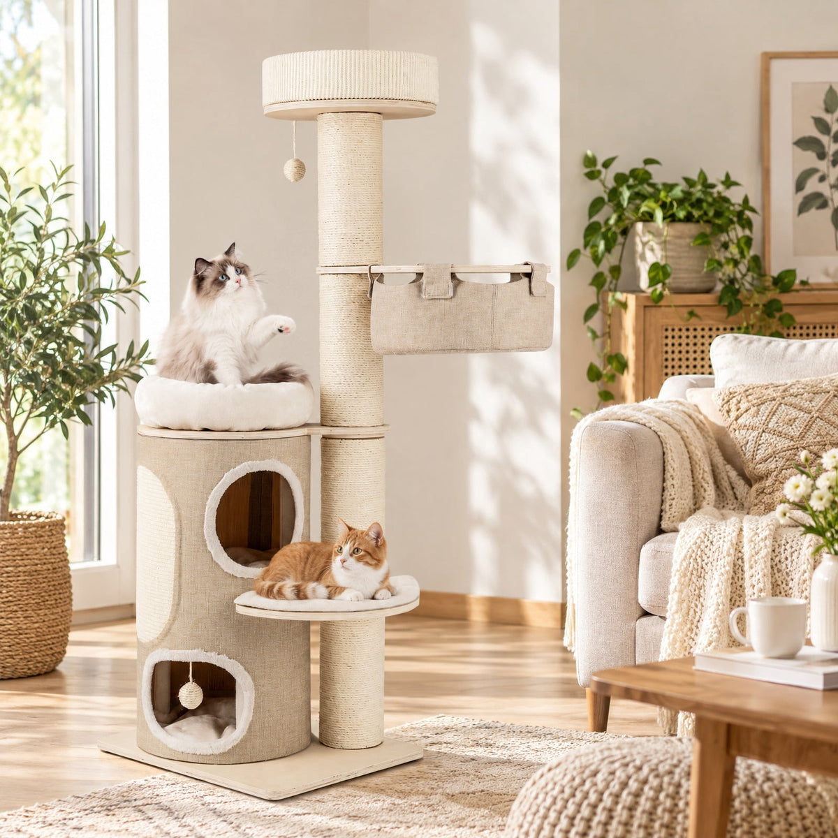 Airfind 61 Inches Cat Tree for Indoor Cats with 2-stoery Condo and Top Perch, 33 lbs Capacity, Natural