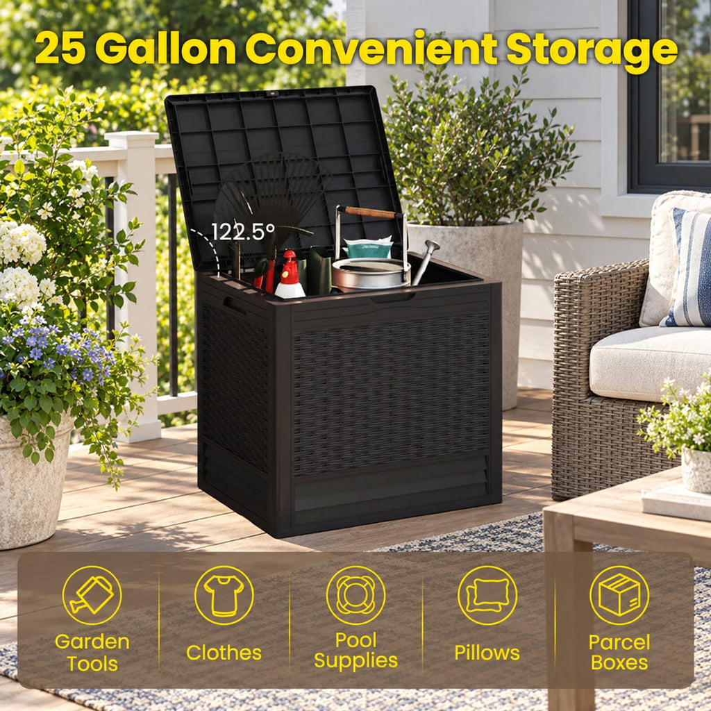 Airfind 25 Gallon Outdoor Storage Box with Rattan Patterns, 180 lbs Capacity, PP Frame, 23 x 17 x 21 Footprint, Brown