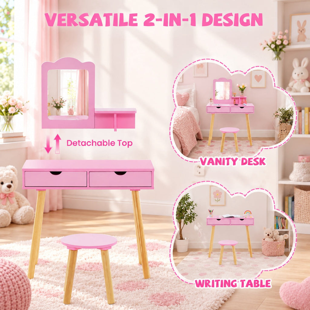 Airfind Kid Vanity Table Chair Set with Mirror and 2 Large Storage Drawers, 44 lbs Capacity, Pine wood MDF Frame, 28in x 13in x 39in Footprint, Pink