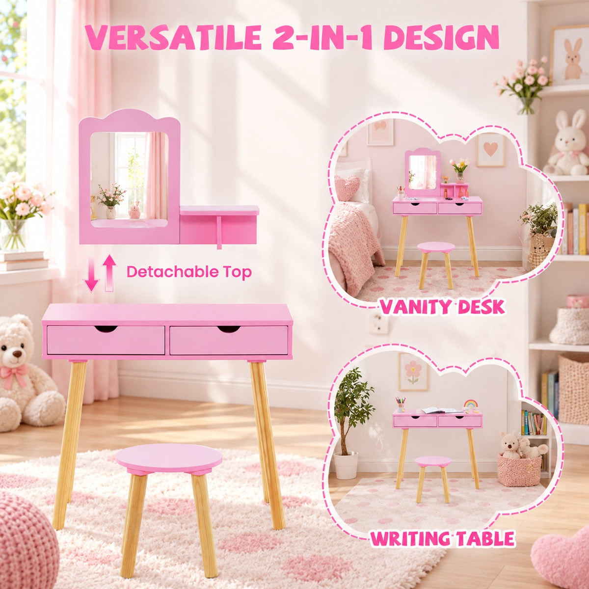 Airfind Kid Vanity Table Chair Set with Mirror and 2 Large Storage Drawers, 44 lbs Capacity, Pine wood MDF Frame, 28in x 13in x 39in Footprint, Pink