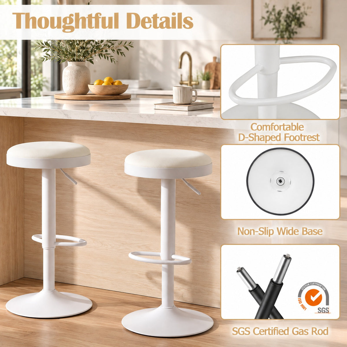 Airfind Set of 2 Kitchen Bar Stools with Height Adjustment Padded Seat and D-Shaped Footrest, 330 lbs Capacity, Metal Sponge Fabric Frame, White
