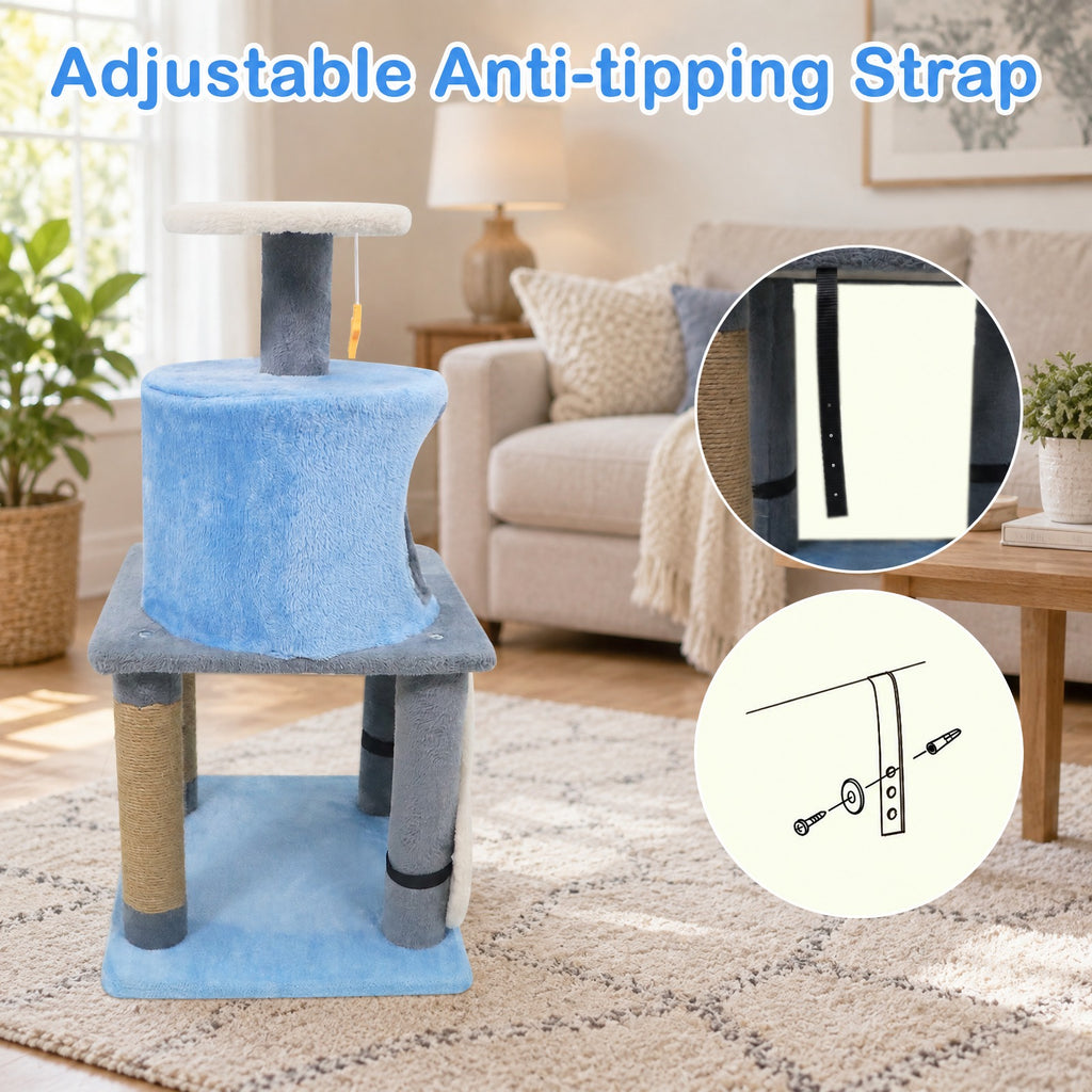 Airfind 31.5 Inch Cute Modern Cat Tree Multi-Level Kitten Tower, Engineered Board Plush Fabric Sponge Jute, 18.5 Inch X 16 Inch X 31.5 Inch Condo, Blue