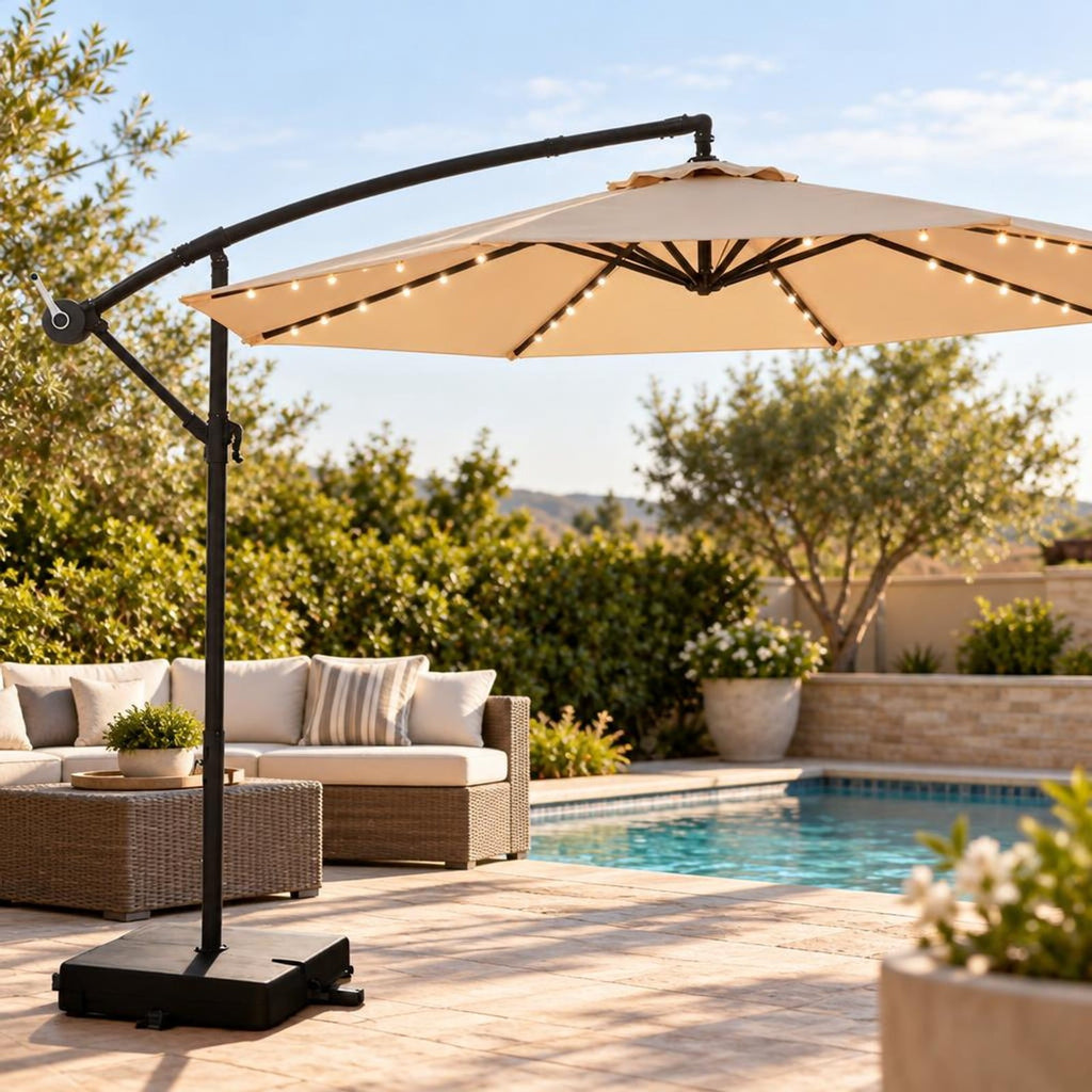 Airfind 10 Feet Cantilever Umbrella with 32 LED Lights and Solar Panel Batteries, Polyester Fabric Metal Oxford Fabric Frame, Beige
