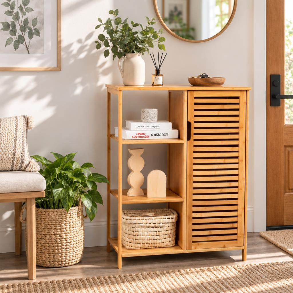 Airfind Bamboo Bathroom Storage Cabinet with Single Door, 30 lbs Capacity, Bamboo MDF Frame, 26in x 13in x 34.5in Footprint, Natural