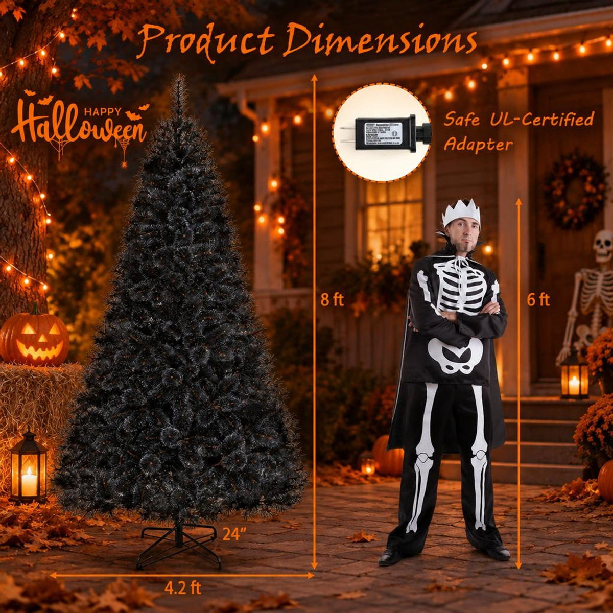 Airfind 6/7/8 Feet Black Artificial Halloween Christmas Tree with PVC Branch Tips and 210/320/450 Cool White LED Lights, Black