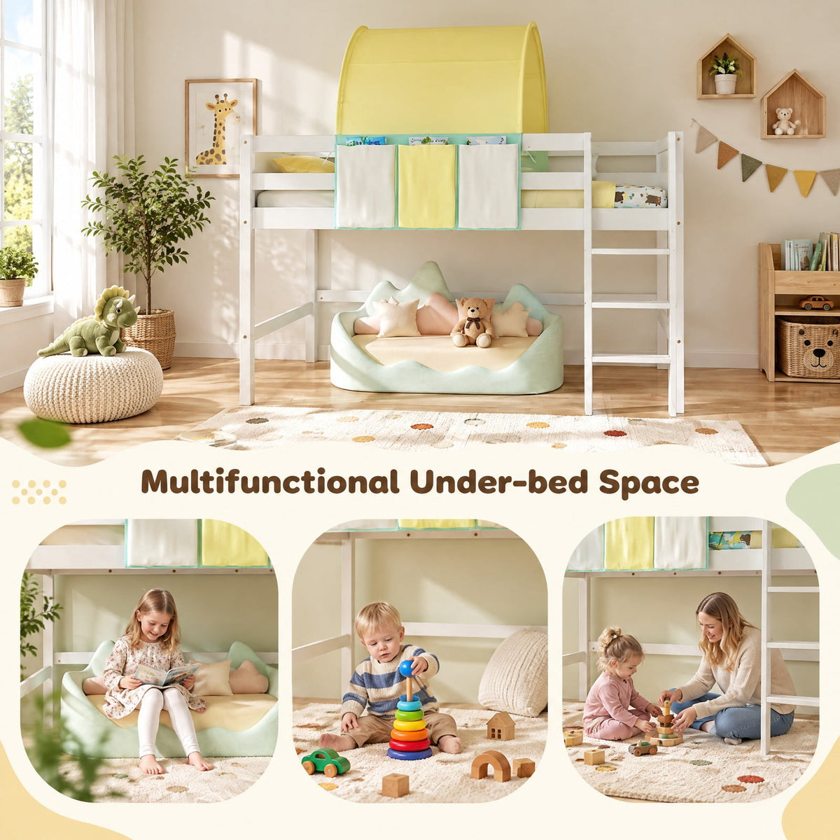 Airfind Twin Size Loft Bed Playhouse Bed Frame with Tower Tent and 3 Storage Pockets, of Bed 400 lbsMax Capacity