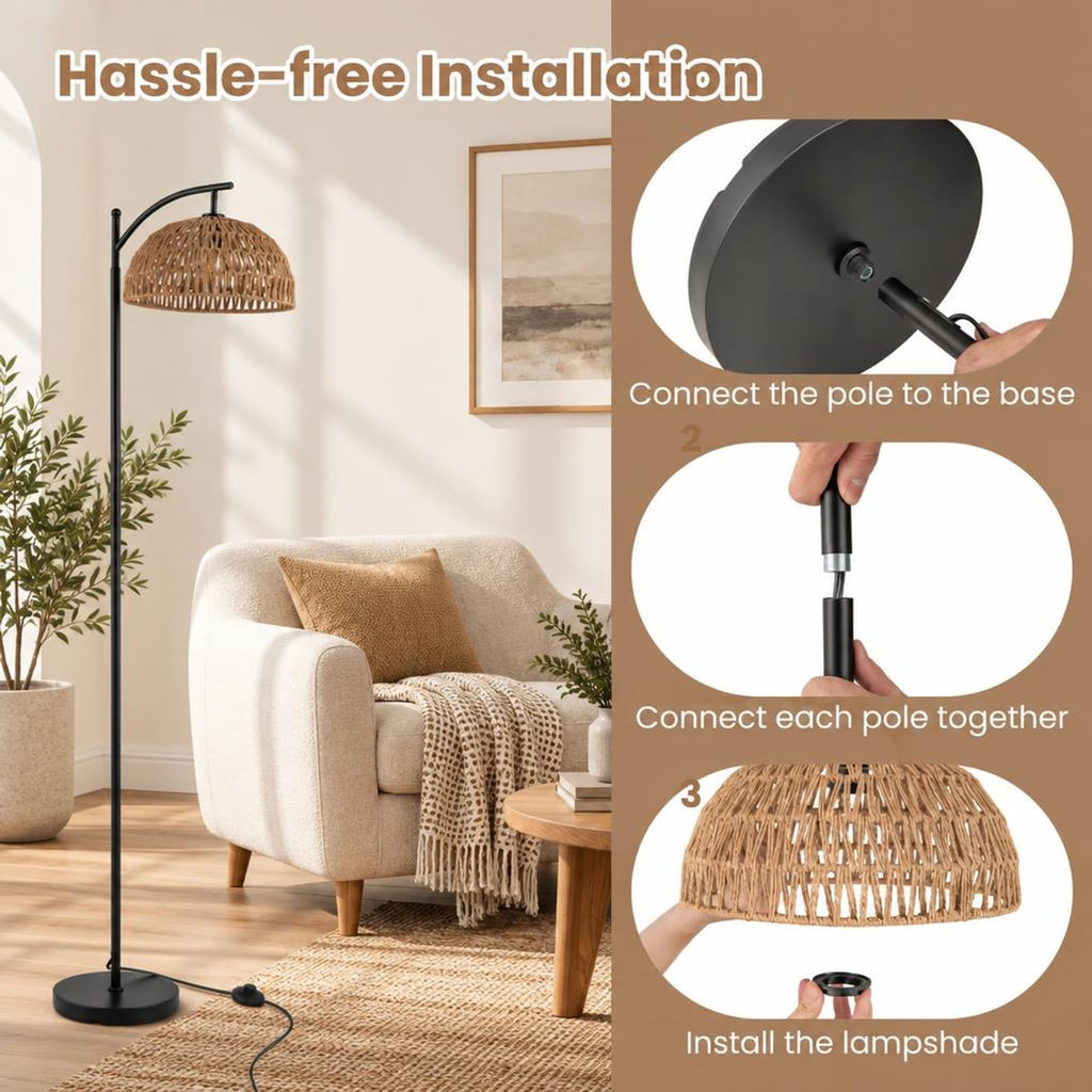 Airfind Arc Floor Lamp 63 Inches Tall Pole Lamp with Hanging Lampshade, Metal Paper Rope Frame, 10 Inch × 63 Inch Footprint, Black