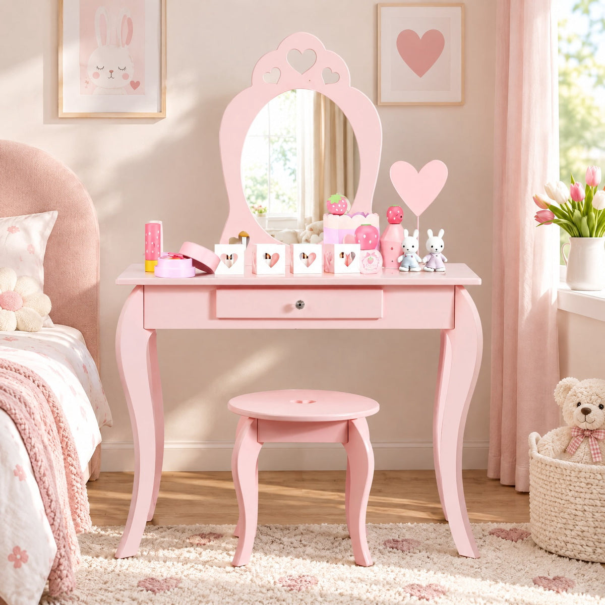 Airfind Kids Princess Makeup Dressing Play Table Set with Mirror, 33 lbs Capacity, MDF pine Frame, 27.5 Inch x 13.5 Inch x 41.5 Inch Footprint, Pink