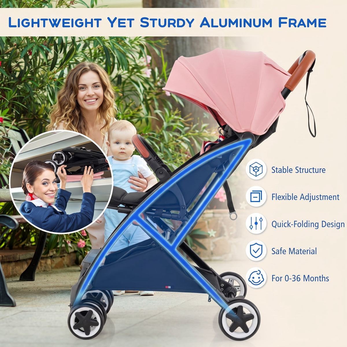 Airfind Lightweight Aluminium Frame Baby Stroller with Net, Aluminium Alloy Iron Fabric Frame, for 0-3 years old, 28.5 x 20.5 x 38 Footprint