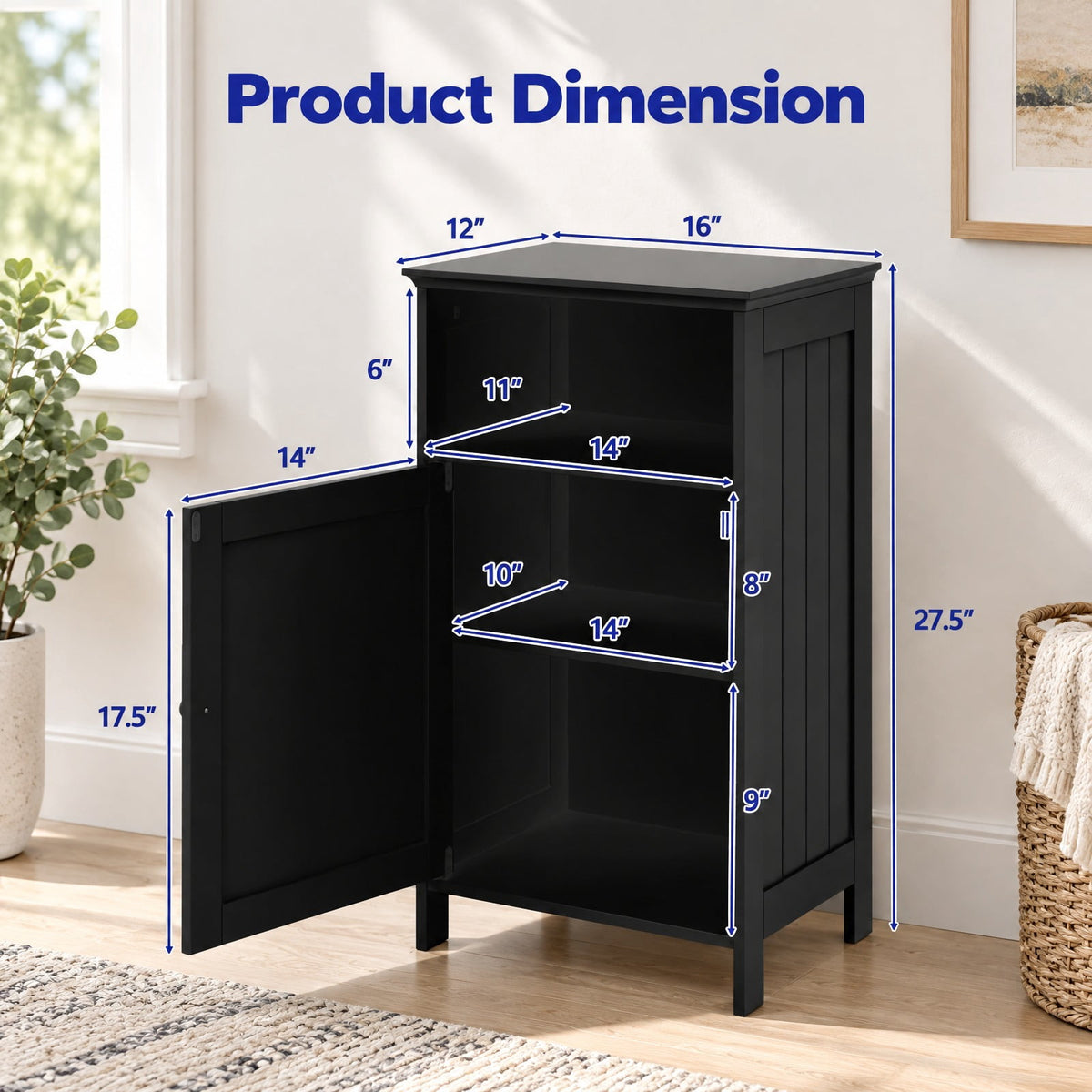 Airfind Bathroom Freestanding Floor Storage, Cabinet with Adjustable Shelf, MDF Frame, 16 Inch x 12 Inch x 27.5 Inch Footprint, Black