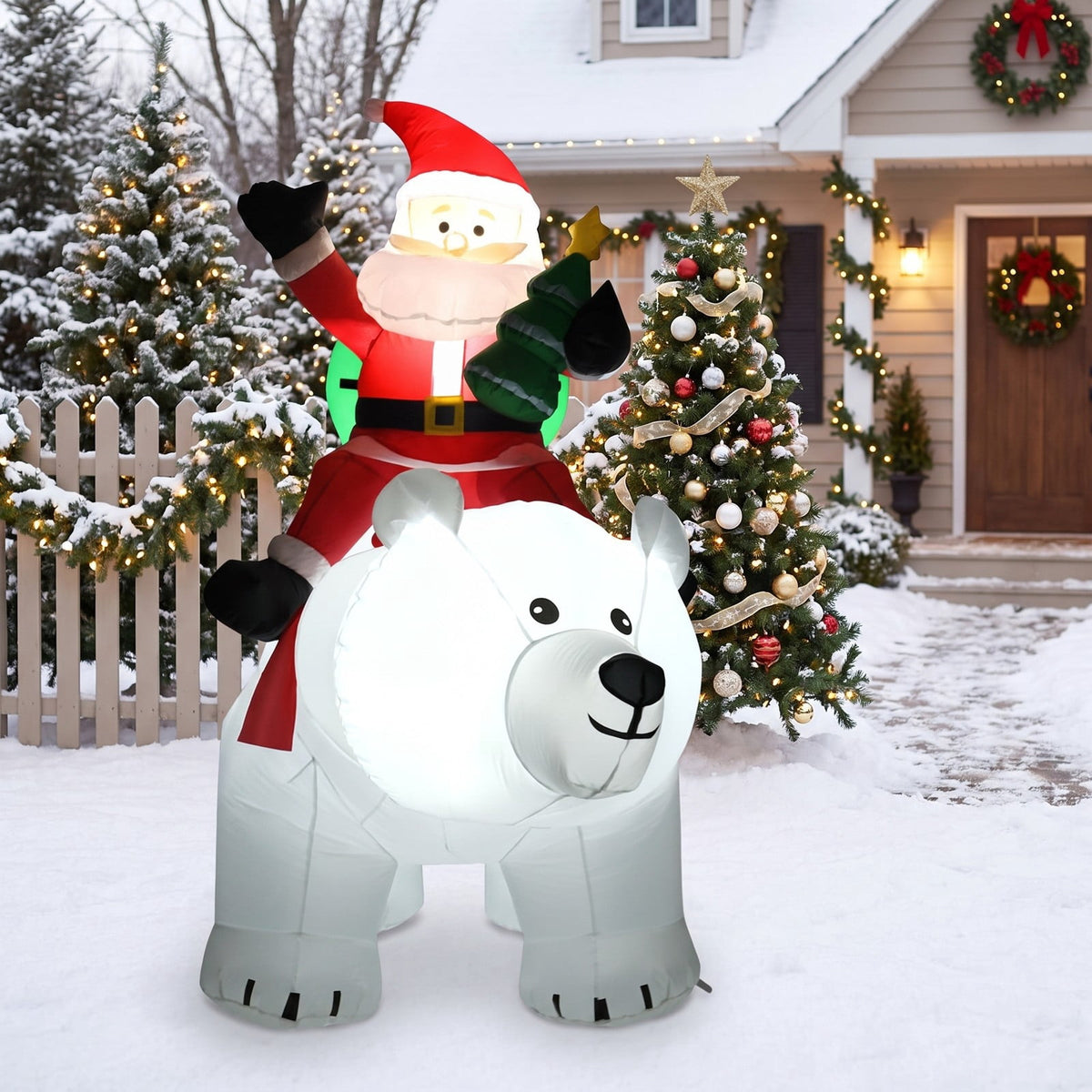 Airfind 6.5 Feet Christmas Inflatable Santa Riding Polar Bear with Shaking Head LED Lights, Polyester fabric Frame, Show in the picture