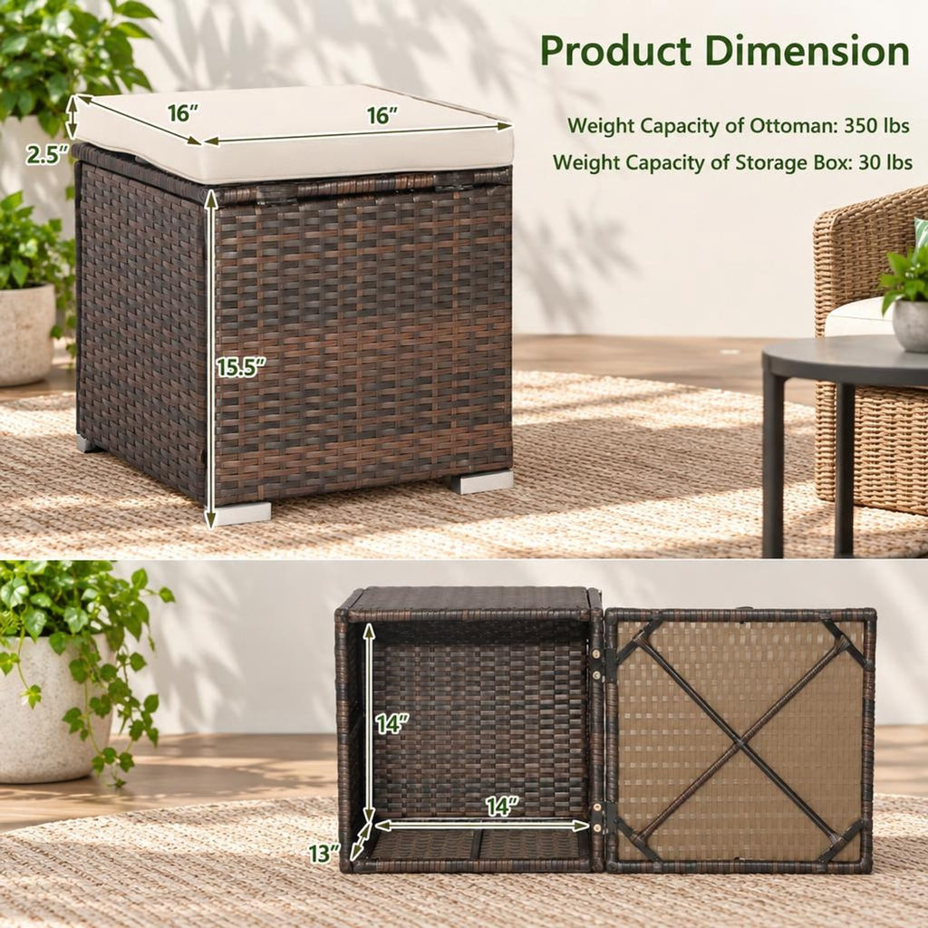 Airfind 2 Pieces Patio Ottoman with Removable Cushions, 350 lbs Capacity, Metal PE Rattan Sponge Polyester Frame, 16 x 16 x 15.5 Footprint, Brown