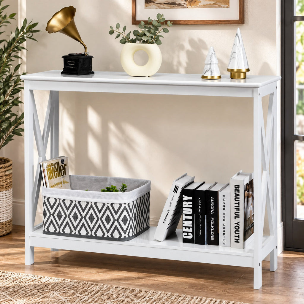 Airfind 2-Tier Console X-Design Sofa Side Accent Table, 66 lbs Capacity, P2 MDF Frame, 39.5 x 12 x 31.5 Footprint, White