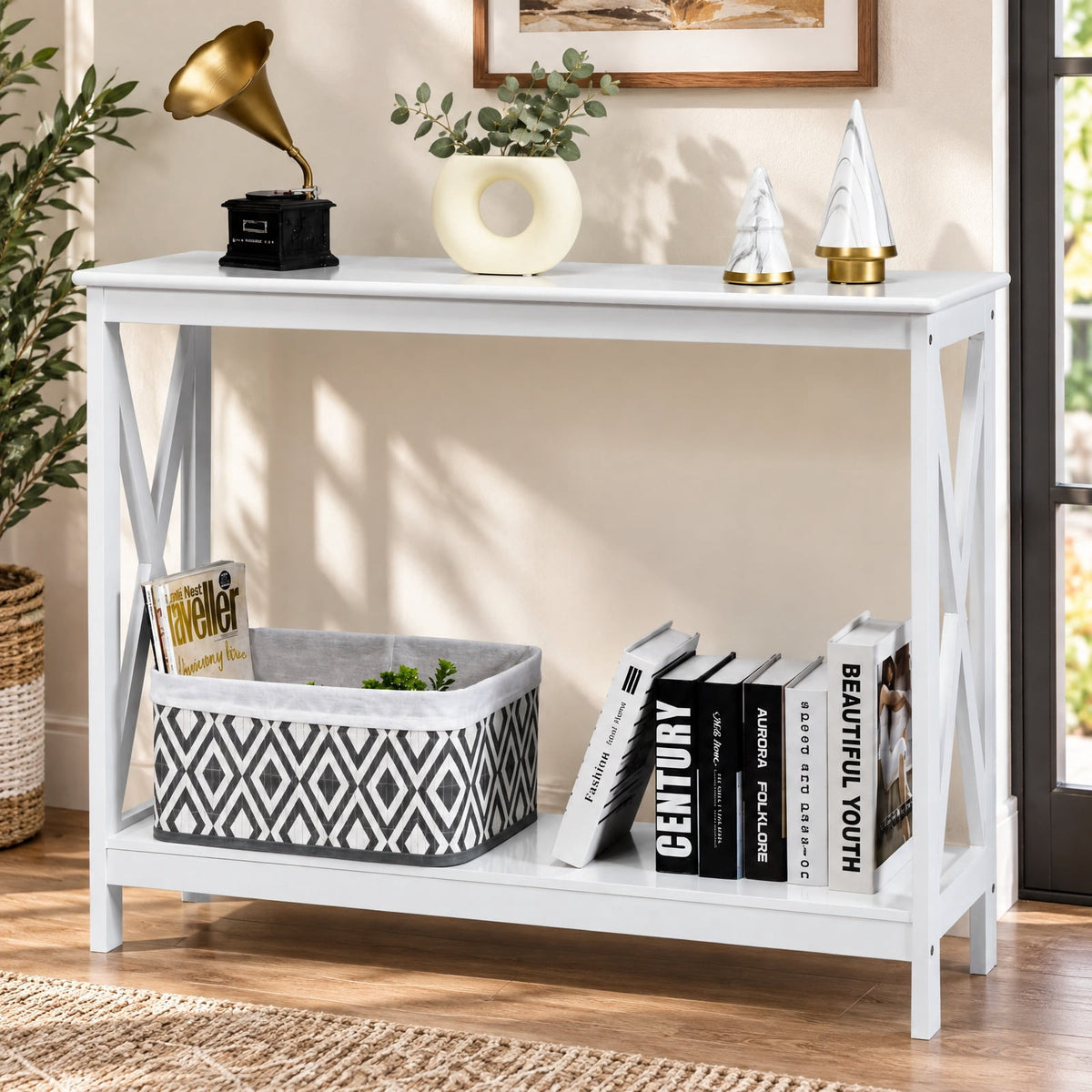 Airfind 2-Tier Console X-Design Sofa Side Accent Table, 66 lbs Capacity, P2 MDF Frame, 39.5 x 12 x 31.5 Footprint, White