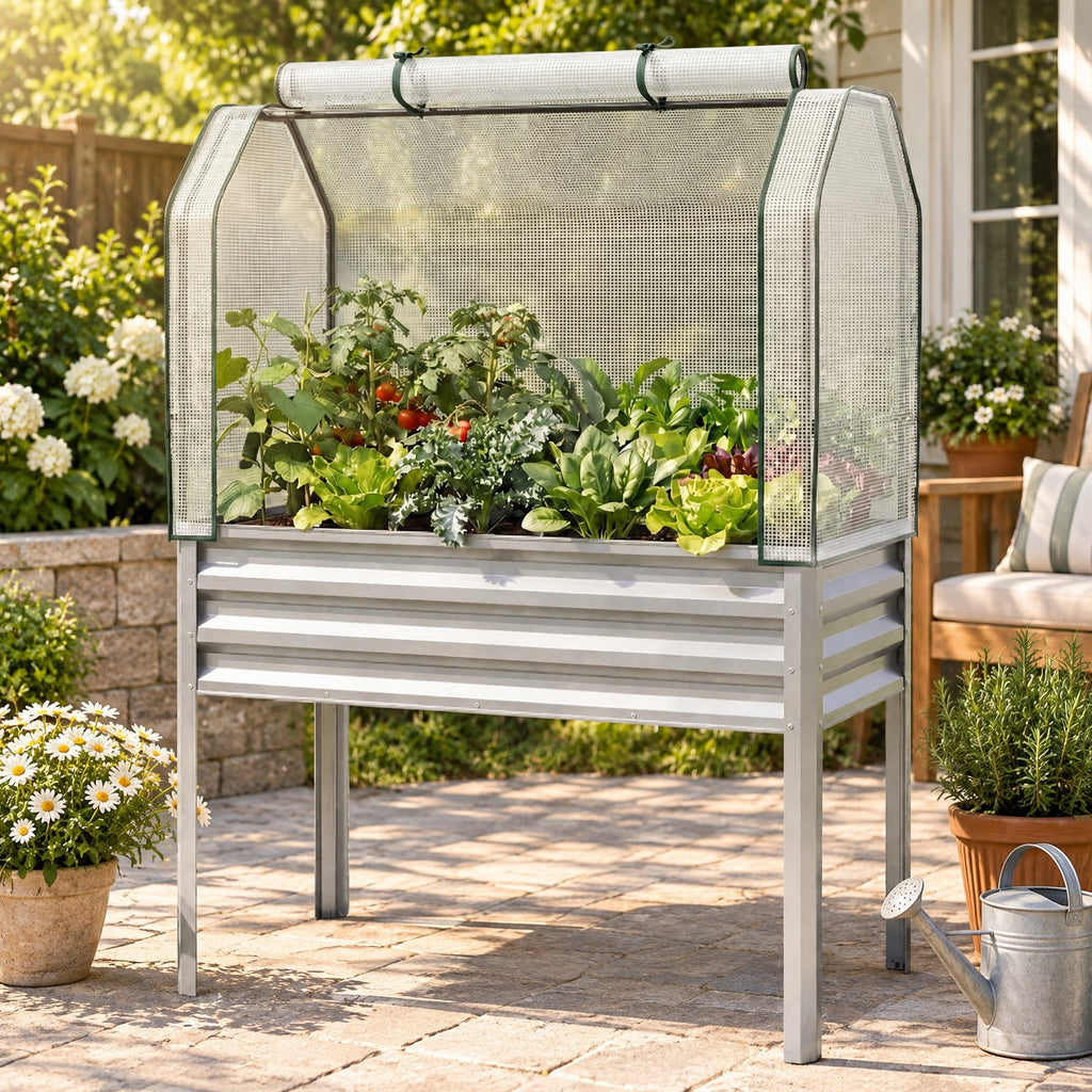Airfind Galvanized Raised Garden Bed with Legs and Greenhouse Cover for Vegetable Flower, 175 LBS Capacity, Electroplated Metal PE Frame, Silver