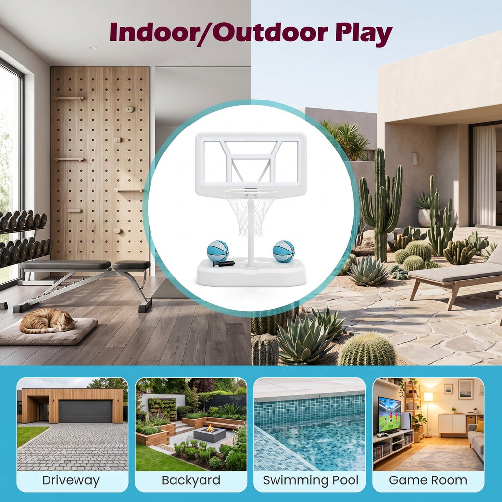 Airfind Pool Basketball Hoop Set with 2 Balls and Inflation Pump, Poolside Water Basketball Game with Weighted Fillable Base and Shatterproof Backboard for, White