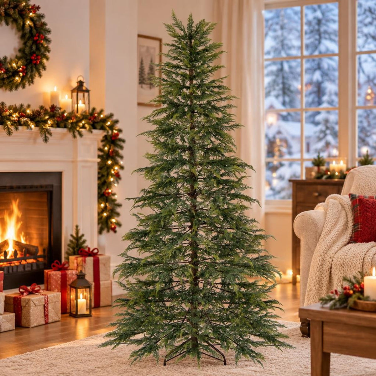 Airfind 7.5 Feet Artificial Christmas Tree with Branch Tips and Colorful LED Lights, Green, a light controller for convenient operation