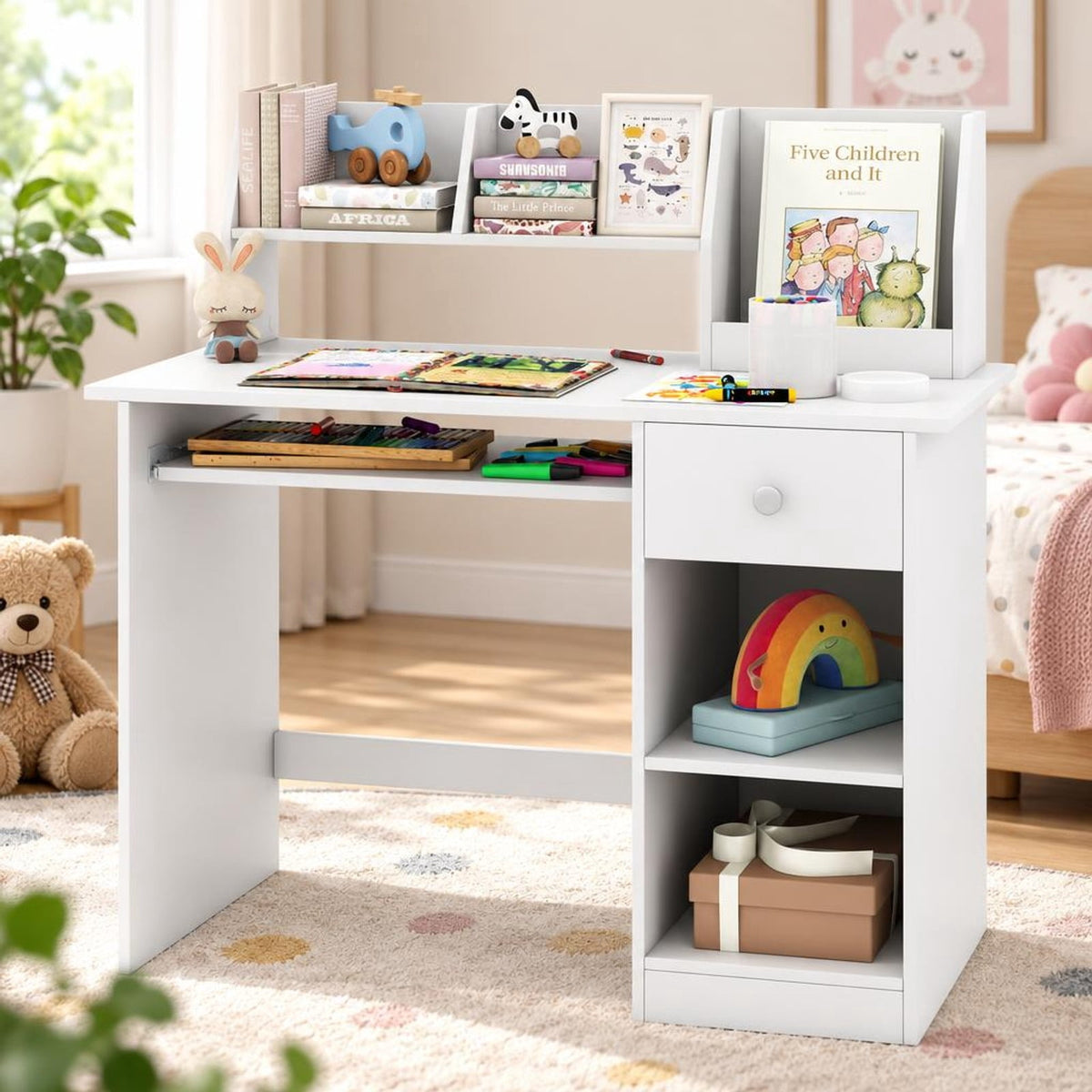 Airfind Youth Study Desk Youth Writing Table with Hutch Drawer Shelves and Keyboard Tray, 200 Lbs Capacity, Engineered Wood, White