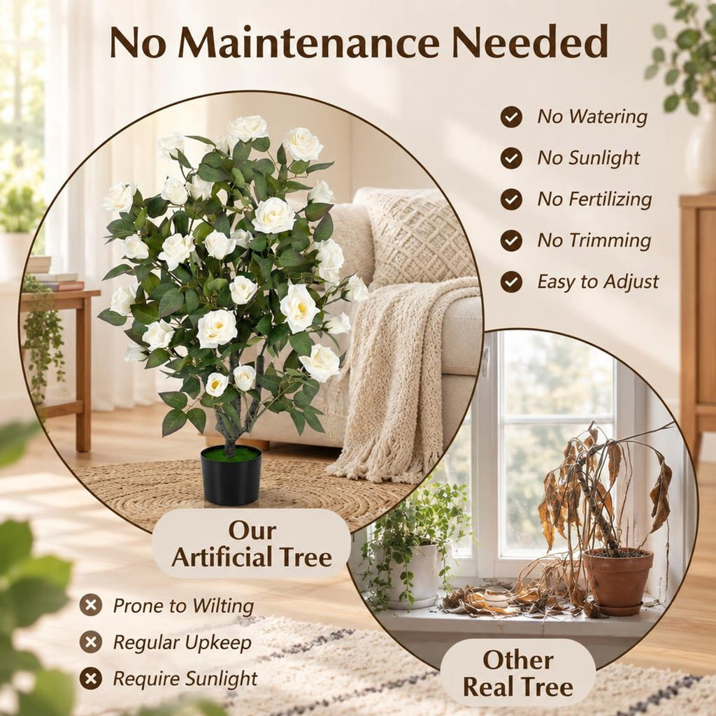 Airfind Artificial Rose Tree, 35.5 Inch, with Blooming Flowers and Leaves for Indoor, Silk Fabric Rubberized Fabric PE PP Tree Height 35.5 Inch Frame, White