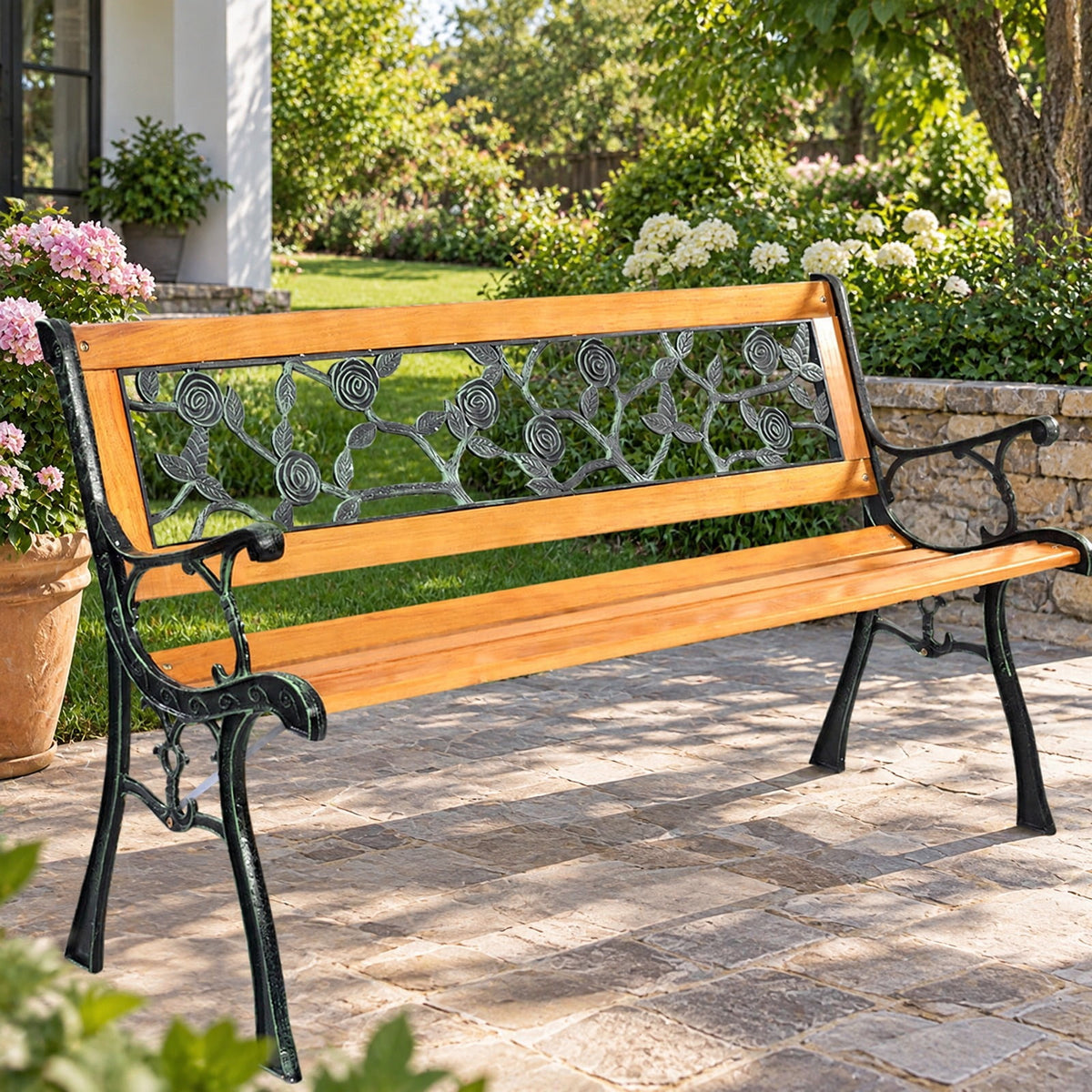Airfind 49 1/2 Inch Patio Park Garden Porch Chair Bench, 463 lbs Capacity, Cast iron Frame, 49.5 Inch x 20.5 Inch x 29 Inch Product weight: 30 lbs Footprint