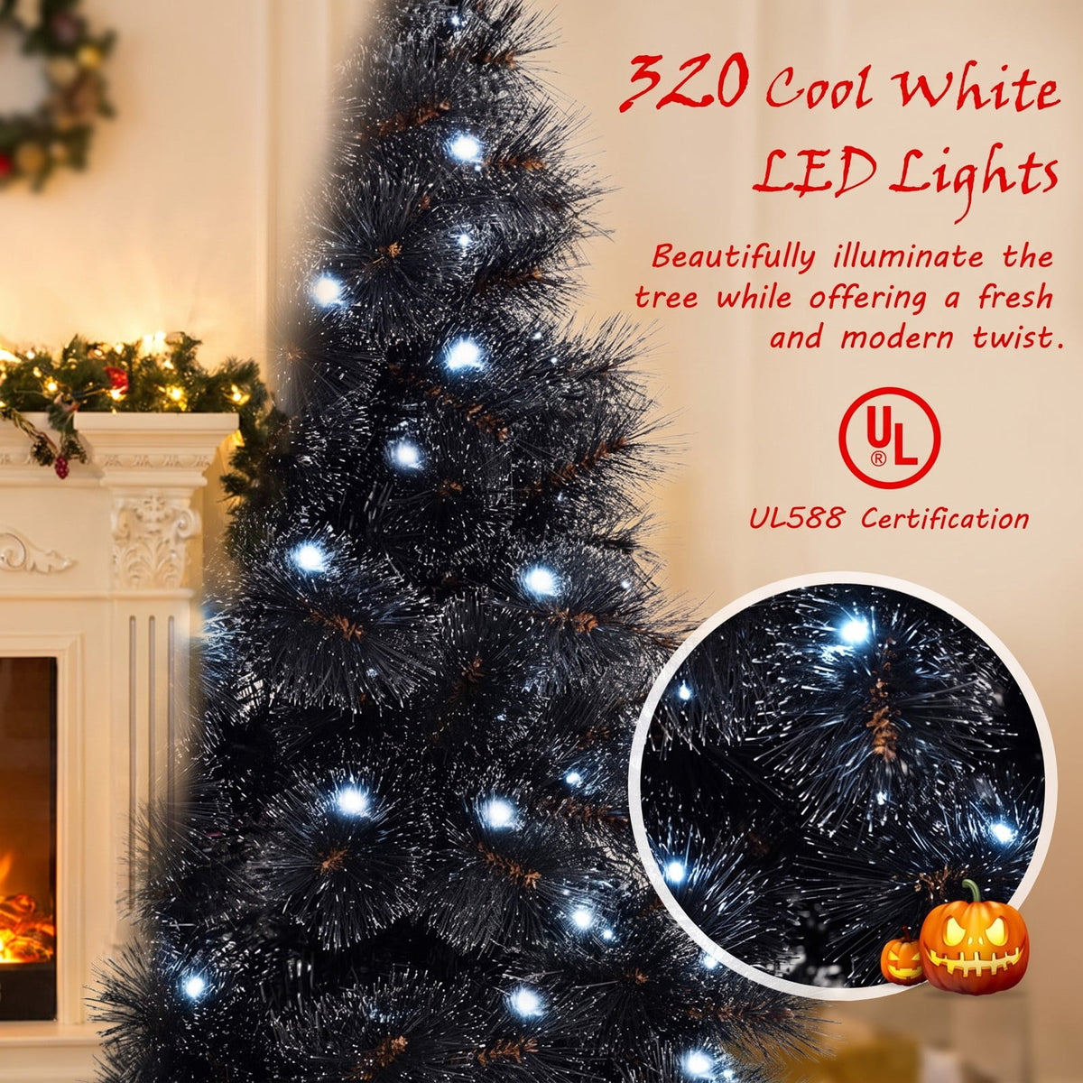 Airfind 6/7/8 Feet Black Artificial Halloween Christmas Tree with PVC Branch Tips and 210/320/450 Cool White LED Lights, Black