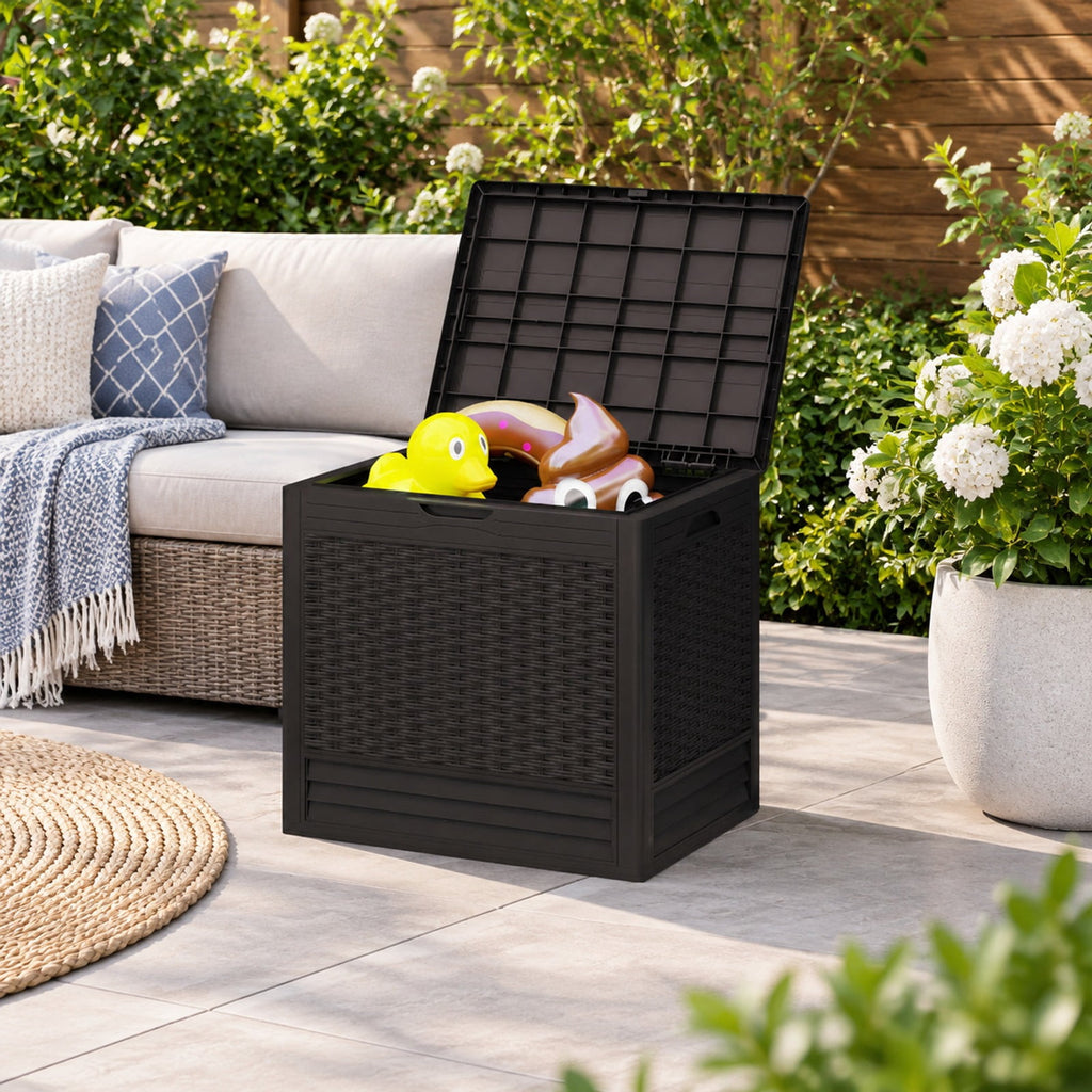Airfind 25 Gallon Outdoor Storage Box with Rattan Patterns, 180 lbs Capacity, PP Frame, 23 x 17 x 21 Footprint, Brown