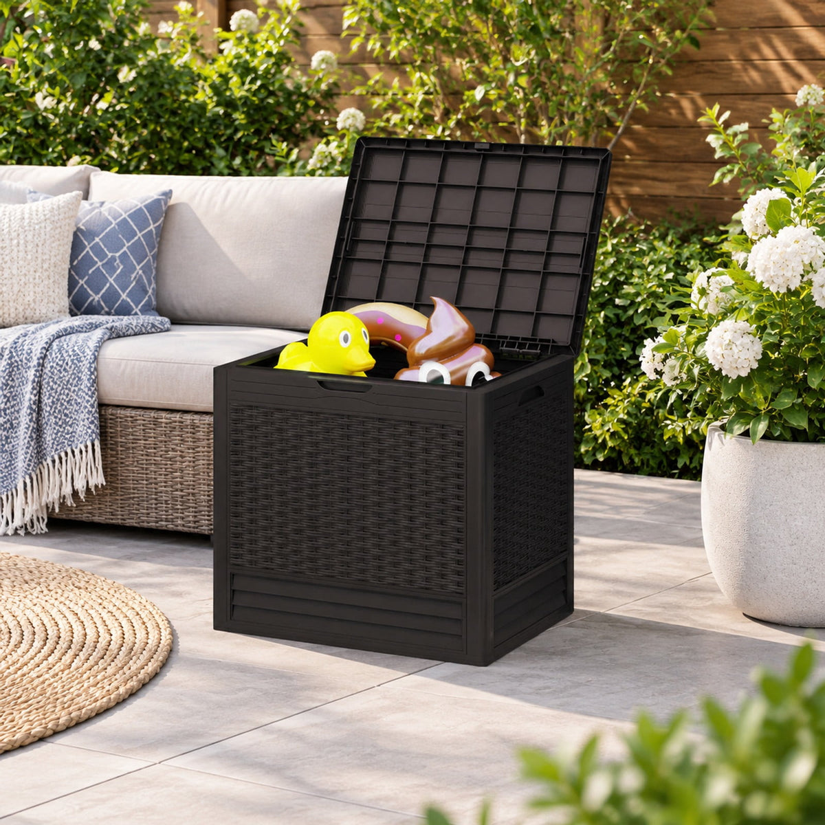 Airfind 25 Gallon Outdoor Storage Box with Rattan Patterns, 180 lbs Capacity, PP Frame, 23 x 17 x 21 Footprint, Brown