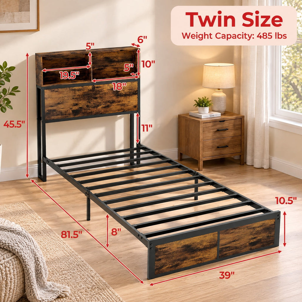 Airfind Twin Size Bed Frame with Storage Headboard Industrial Metal Platform Bed, 485 lbs Capacity, Metal Engineered Wood Frame, Rustic Brown