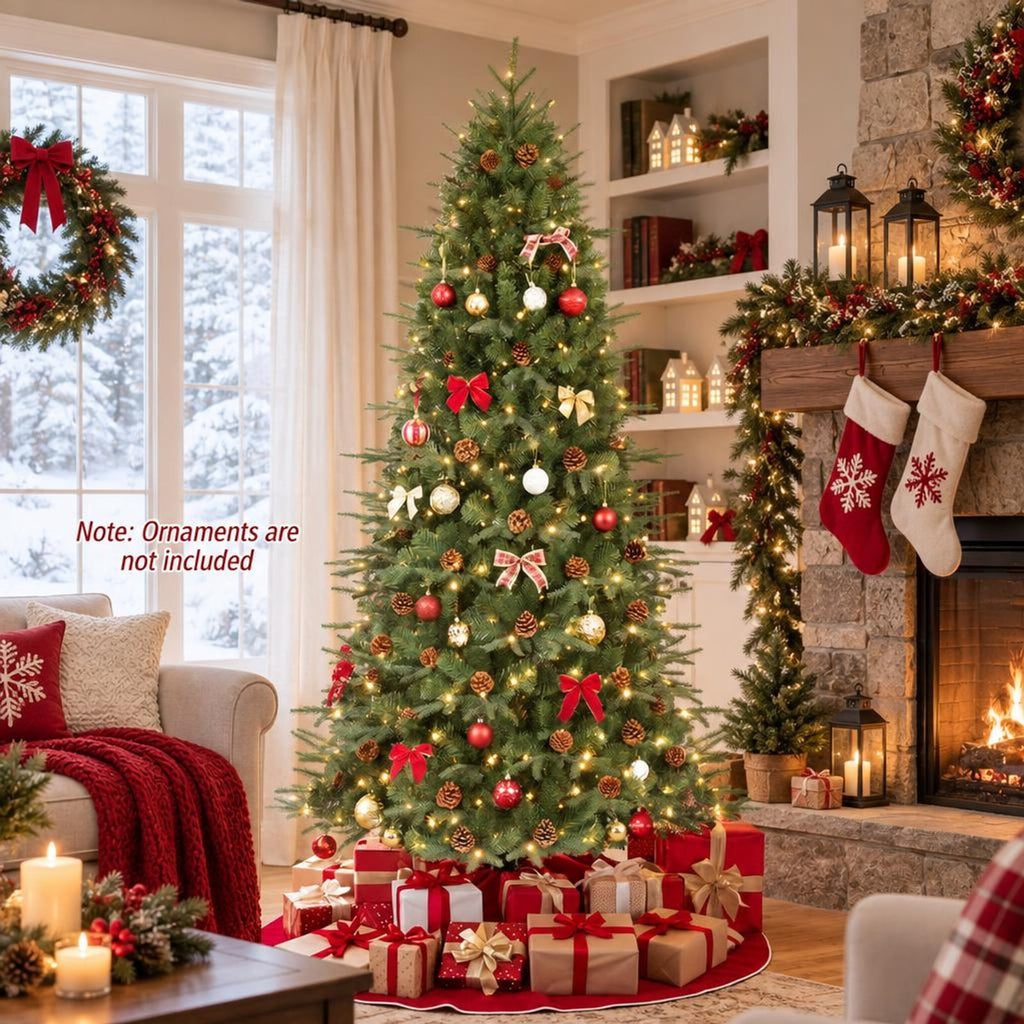 Airfind 7.5 ft Pre-Lit Artificial Christmas Tree with 540 Warm White LED Lights, 71 Pine Cones, 1125 Branch Tips and Folding Metal Stand, Green