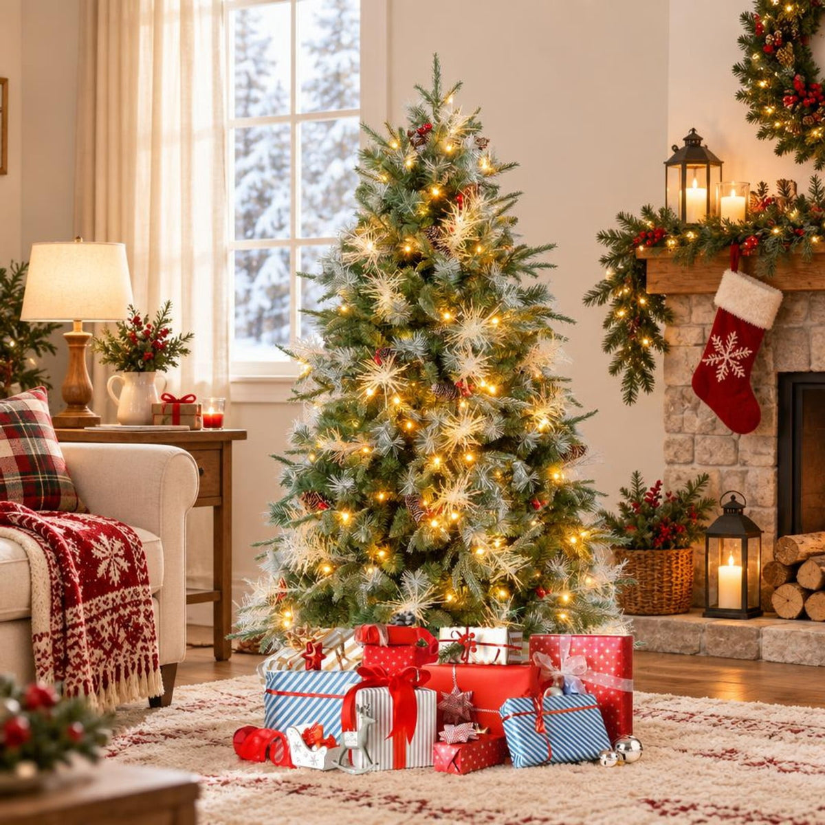 Airfind 5 Feet Pre-Lit Artificial Christmas Tree with 8 Modes LED Lights with Berries, PVC PE PET Metal 5 Feet Frame, 3 x 5 ft Footprint, Green