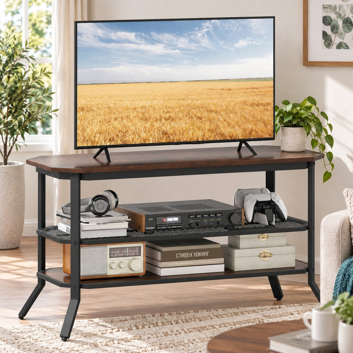 Airfind 3-tier Console Table TV Stand with Mesh Storage Shelf, 200 lbs Capacity, Engineered Wood Metal Frame, Brown