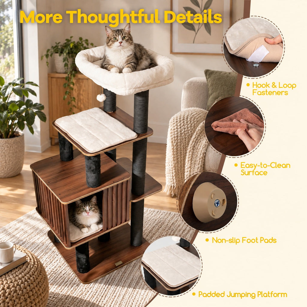 Airfind 53.5 inch Tall Cat Tree for Indoor Cat Wooden Cat Tower Top Perch with Soft Padding, 23in x 23in Cat Condo Footprint, Brown