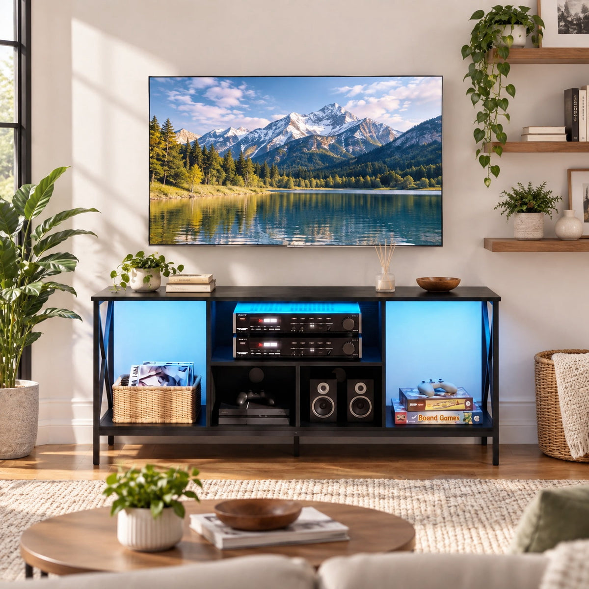Airfind TV Stand with LED Lights for 65 Inch TV Entertainment Center with Power Outlets, 132 lbs Capacity, Metal Engineered Wood MDF Frame, Black