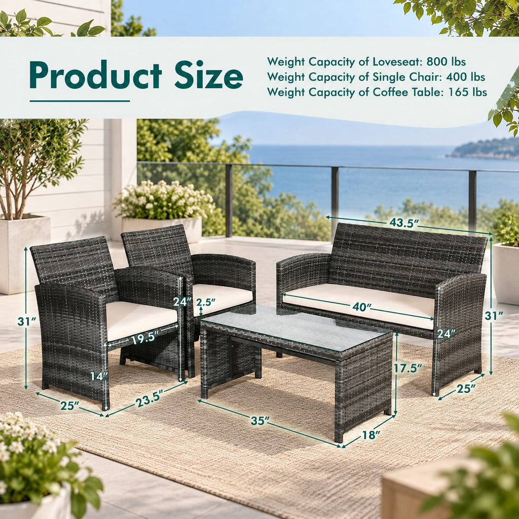 Airfind 4 Pcs Patio Rattan Furniture Set Top Sofa With Glass Table, PE Rattan Polyester Fiber Steel Sponge Single Sofa Frame, White