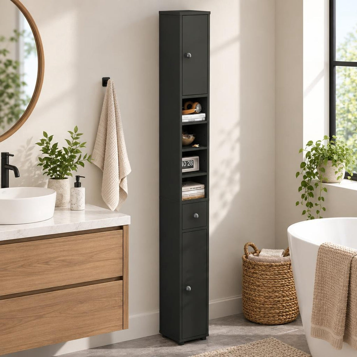 Airfind Freestanding Slim Bathroom Cabinet with Drawer and Adjustable Shelves, 110 lbs Capacity, MDF Frame, 8in x 8in x 71in Total Footprint, Gray