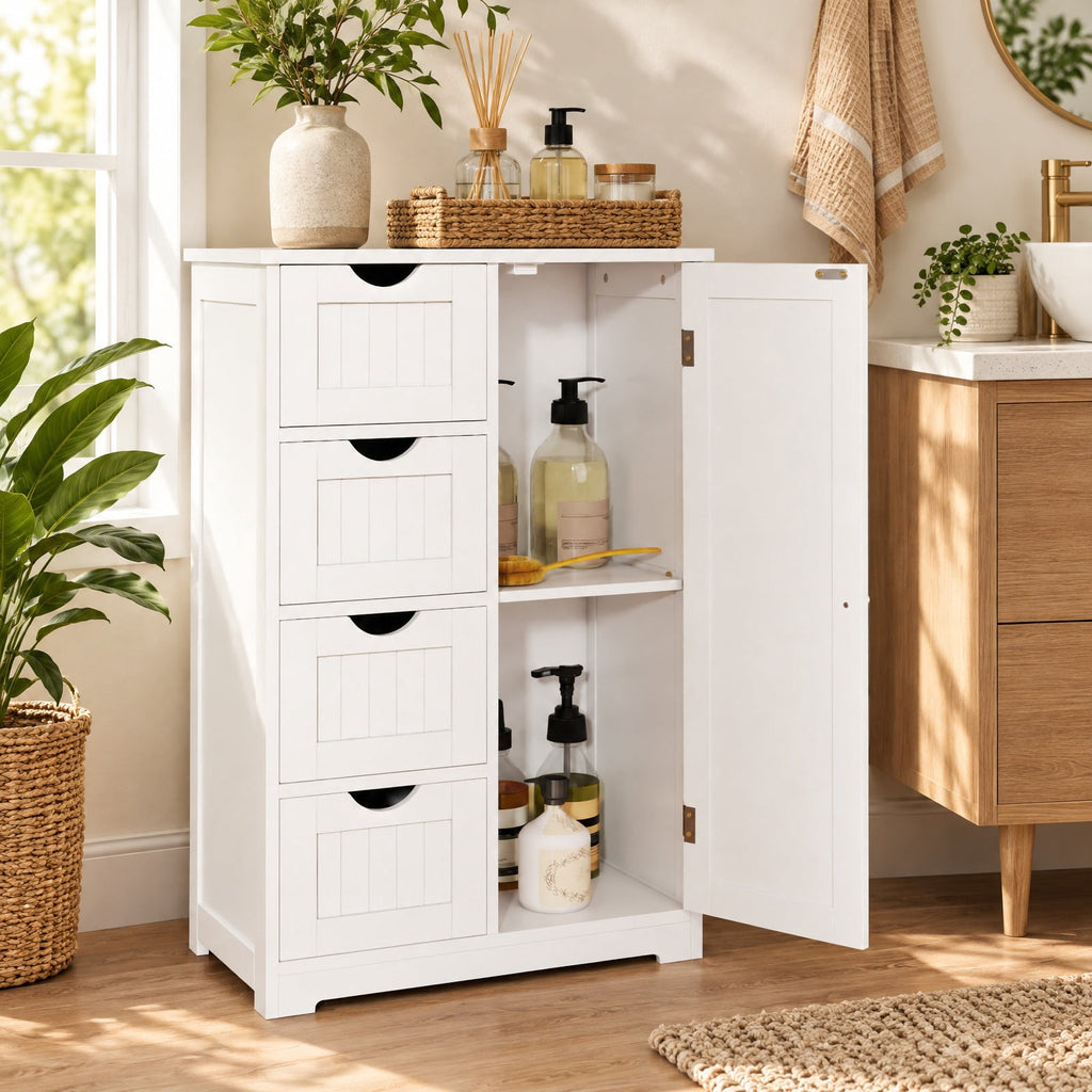 Airfind Standing Indoor Wooden Cabinet with 4 Drawers, 143 lbs Capacity, MDF Engineered Wood Frame, 21.5 Inch x 12 Inch x 32.5 Inch Footprint, White