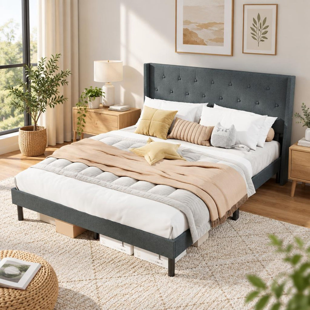 Airfind Queen Size Upholstered Bed Frame with Button Tufted Wingback Headboard and Wooden Slats Support Mattress Foundation, 800 lbs Capacity, Gray