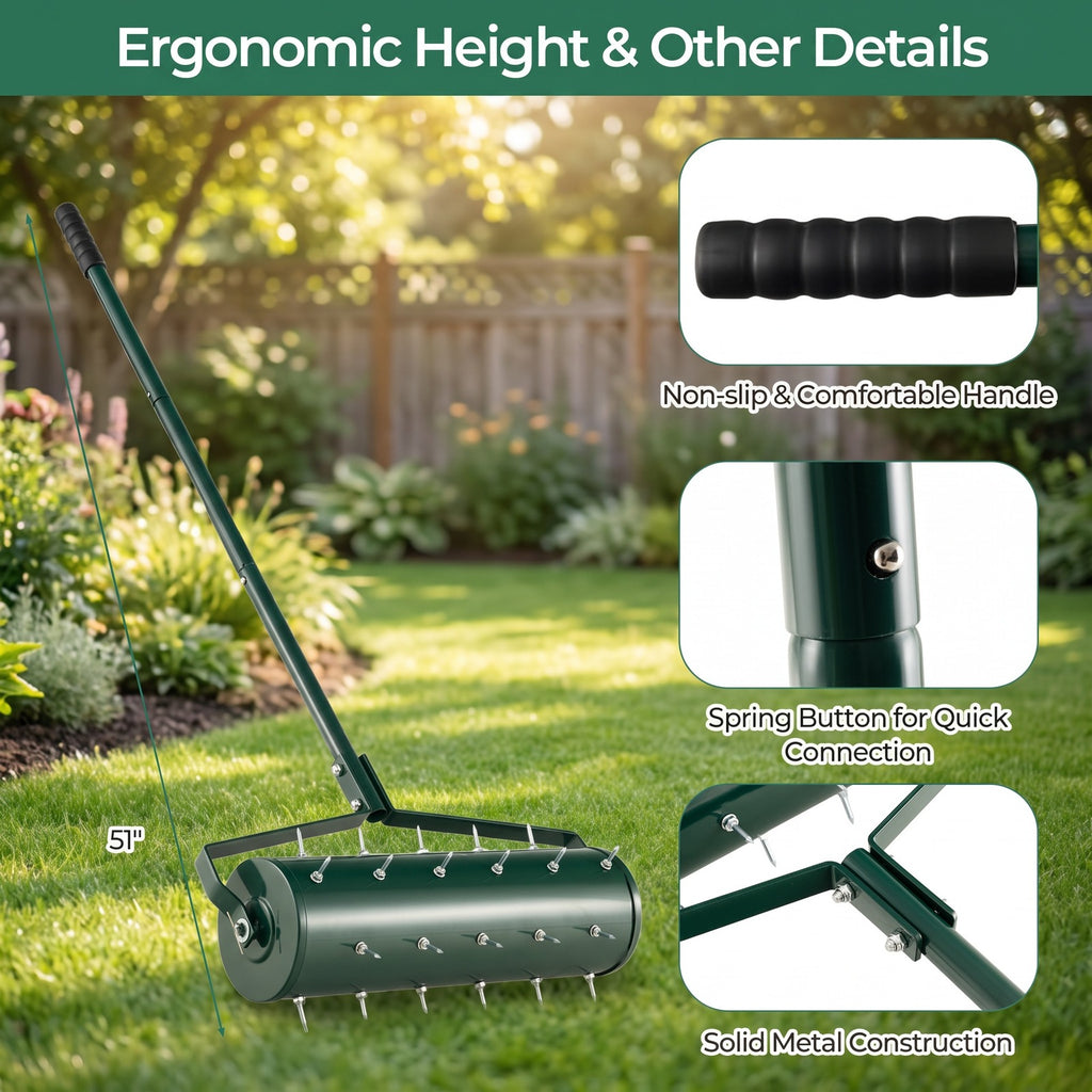 Airfind 18/21 Inch Manual Lawn Aerator with Detachable Handle Filled with Sand or Stone-21 inches, Galvanized Steel Metal PP Frame, Green
