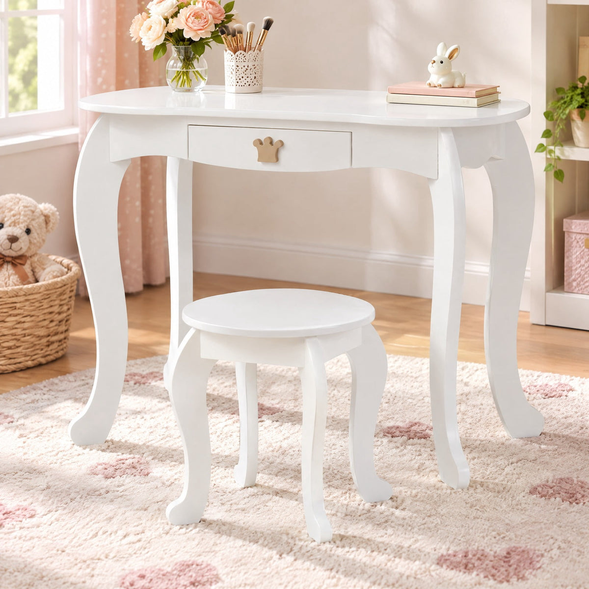 Airfind Kids Makeup Dressing Table with Tri-folding Mirror and Stool, 33 lbs Capacity, MDF pine Frame, 31.5in x 16.5in x 41.5in Footprint, White
