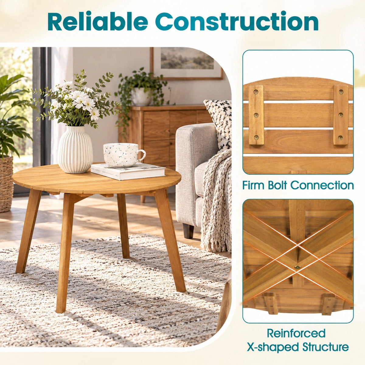 Airfind Round Outdoor Acacia Wood Side Table with Slatted Tabletop, 165 lbs Capacity, Acacia Wood Frame, 24.5 x 24.5 x 16 Footprint, Wood