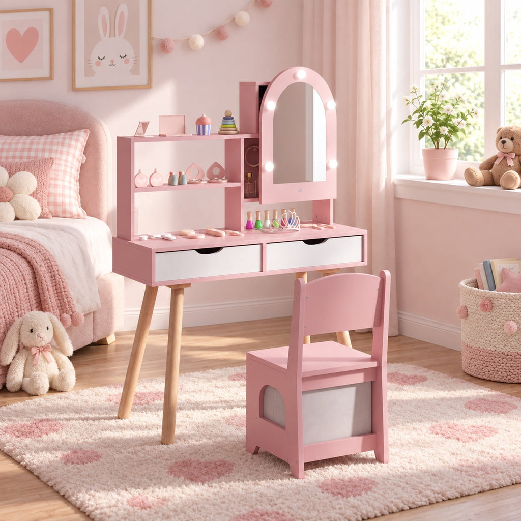 Airfind Kids Vanity Set Pretend Play Dressing Table Set with 3-Color Lighting Modes and Mirror Cabinet, 44 lbs Capacity, MDF Frame, Pink