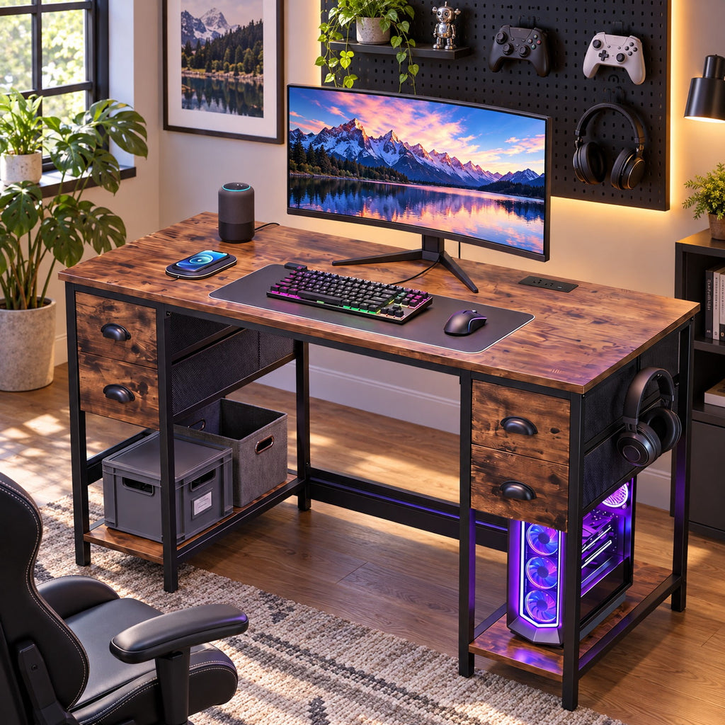 Airfind 48 Inches Computer Desk with Power Outlet Home Office Desk with 4 Fabric Drawers, 110 lbs Capacity, Engineered Wood Metal Fabric Frame