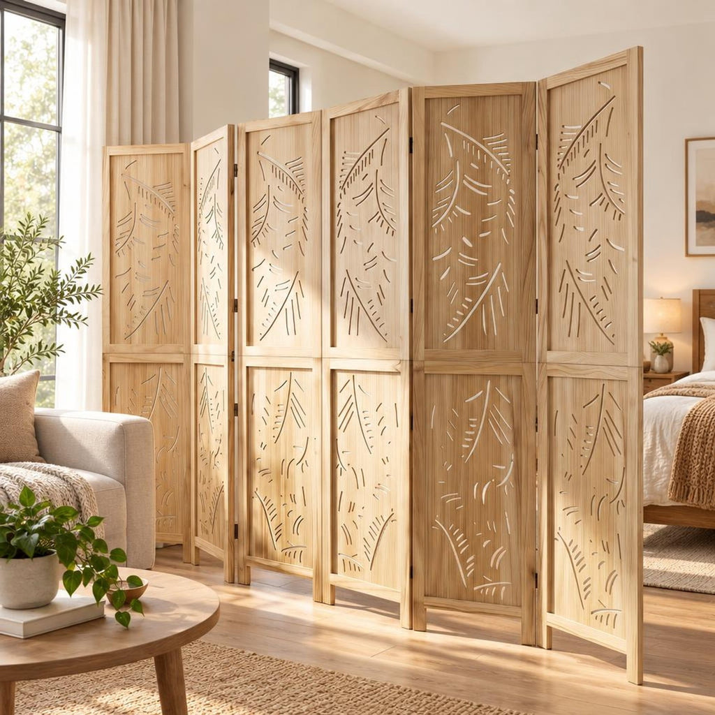 Airfind 6-Panel Wooden Room Divider with Palm Leaf Design and Paulownia Frame for Home, 67in x 16in x 5in Footprint, Natural