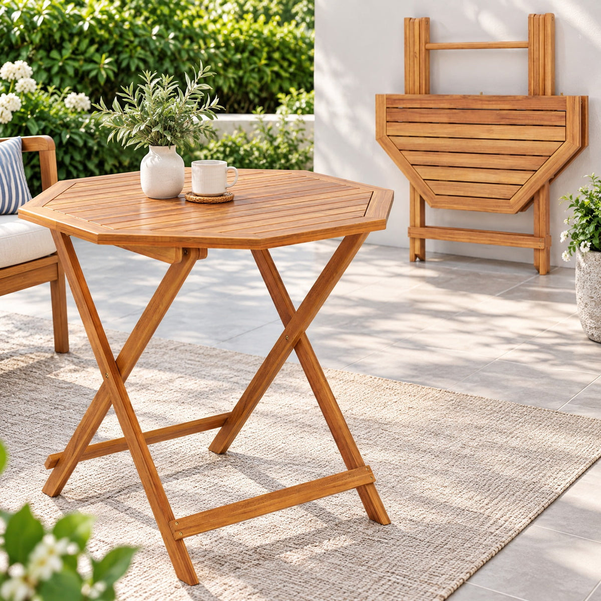 Airfind Acacia Wood Outdoor Folding Dining Table for 4 Octagonal with Slatted Tabletop, 37.5 Inch x 37.5 Inch x 29.5 Inch Folding Footprint, Wood