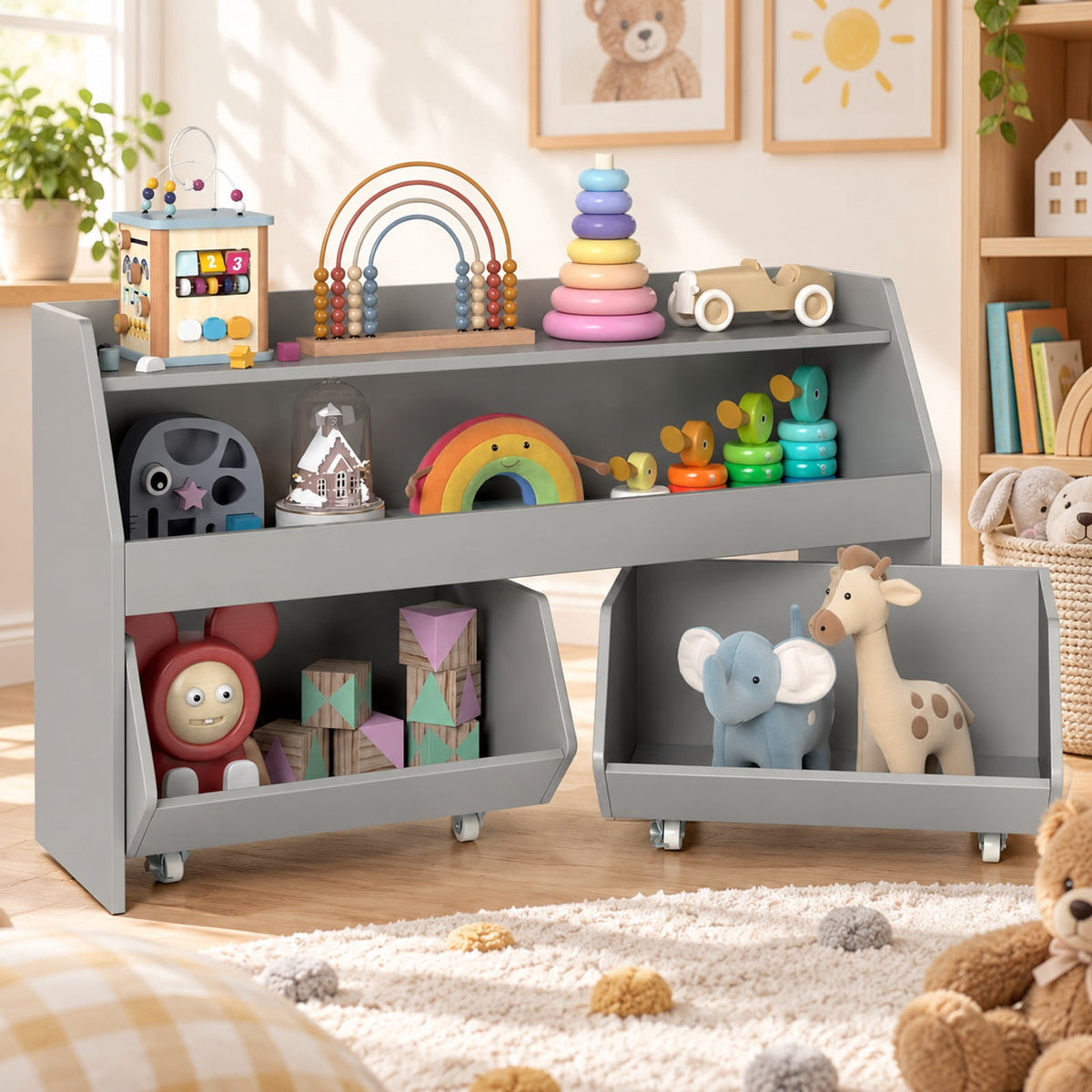 Airfind Youth Toy Storage Organizer Wooden Bookcase with 2 Movable Drawers, 176 Lbs Capacity, Engineered Wood, for 3 and Years Old Total, Gray