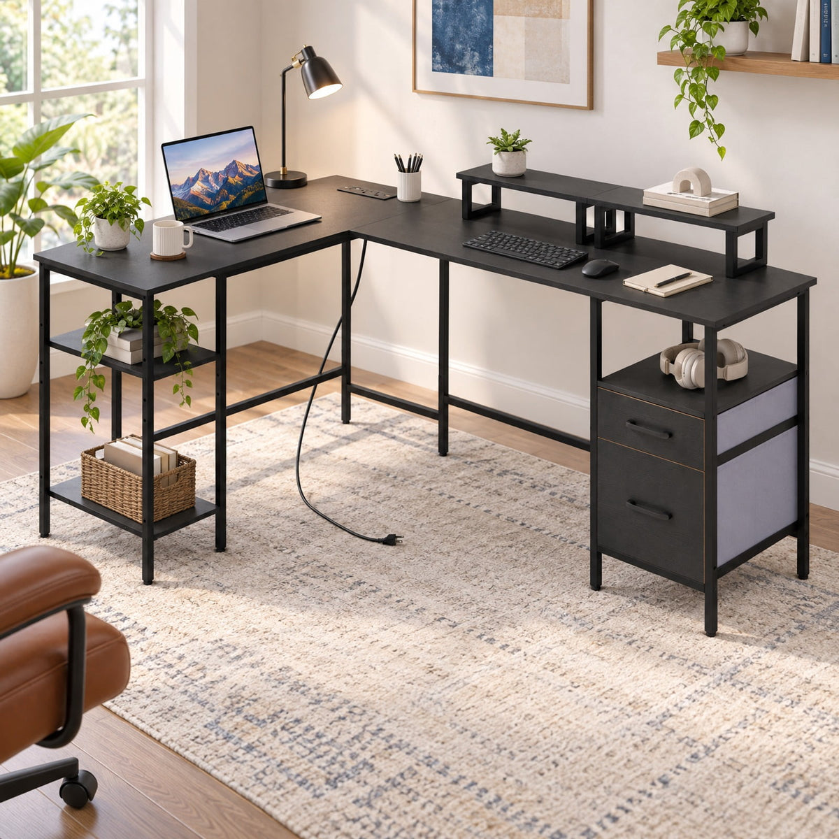 Airfind L Shaped Desk with Power Outlet Reversible Computer Desk with Monitor Stands, 155 lbs Capacity, Engineered Wood Metal Fabric Frame, Brown
