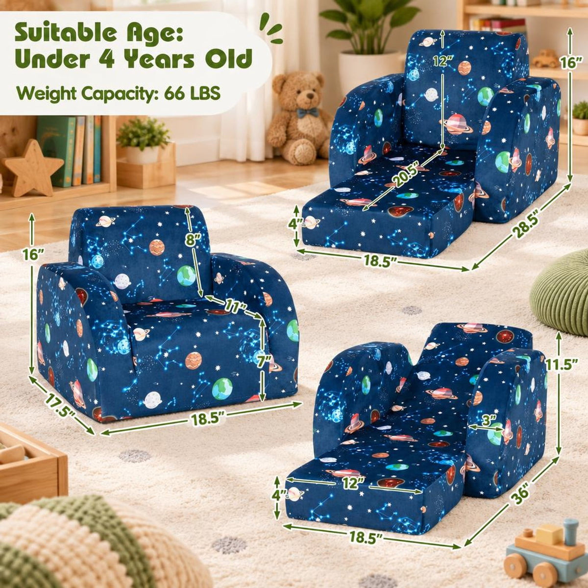 Airfind 3-in-1 Convertible Kid Sofa Bed Flip-Out Chair Lounger for Toddler, 66 lbs Capacity, Velvet fabric sponge Fully expanded Frame, Blue